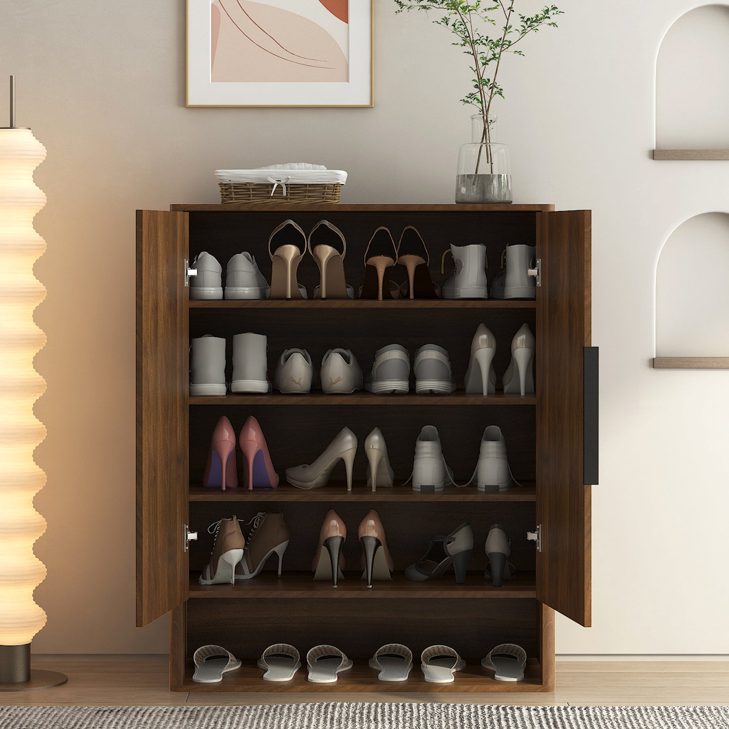 Modern Shoe Organizer with Adjustable Shelves | 4-Layer Entryway Shoe Cabinet – Walnut/Natural Wood, Anti-Tip Design