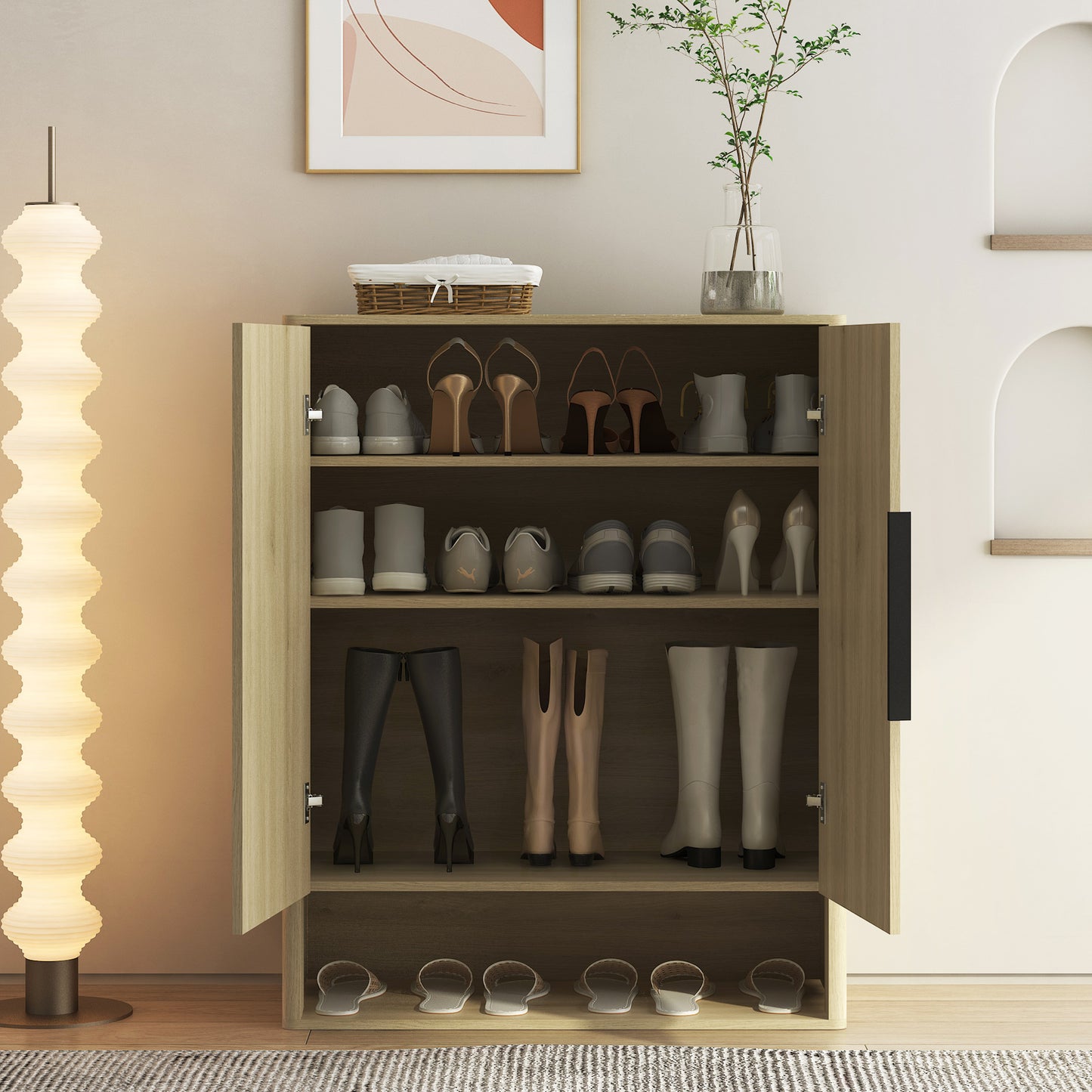 Modern Shoe Organizer with Adjustable Shelves | 4-Layer Entryway Shoe Cabinet – Walnut/Natural Wood, Anti-Tip Design