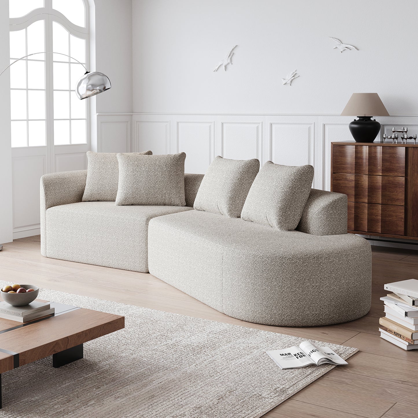 Extra Deep & Wide Seat Curved Cloud Couch with 4 Throw Pillows-3 Colors