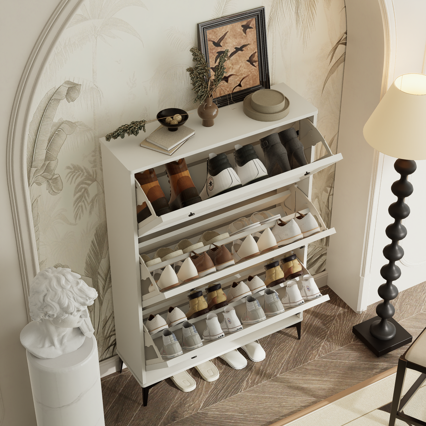 Modern Stylish White Entrance Shoe Cabinet: 3 Flip Drawers, Narrow & Hidden Design