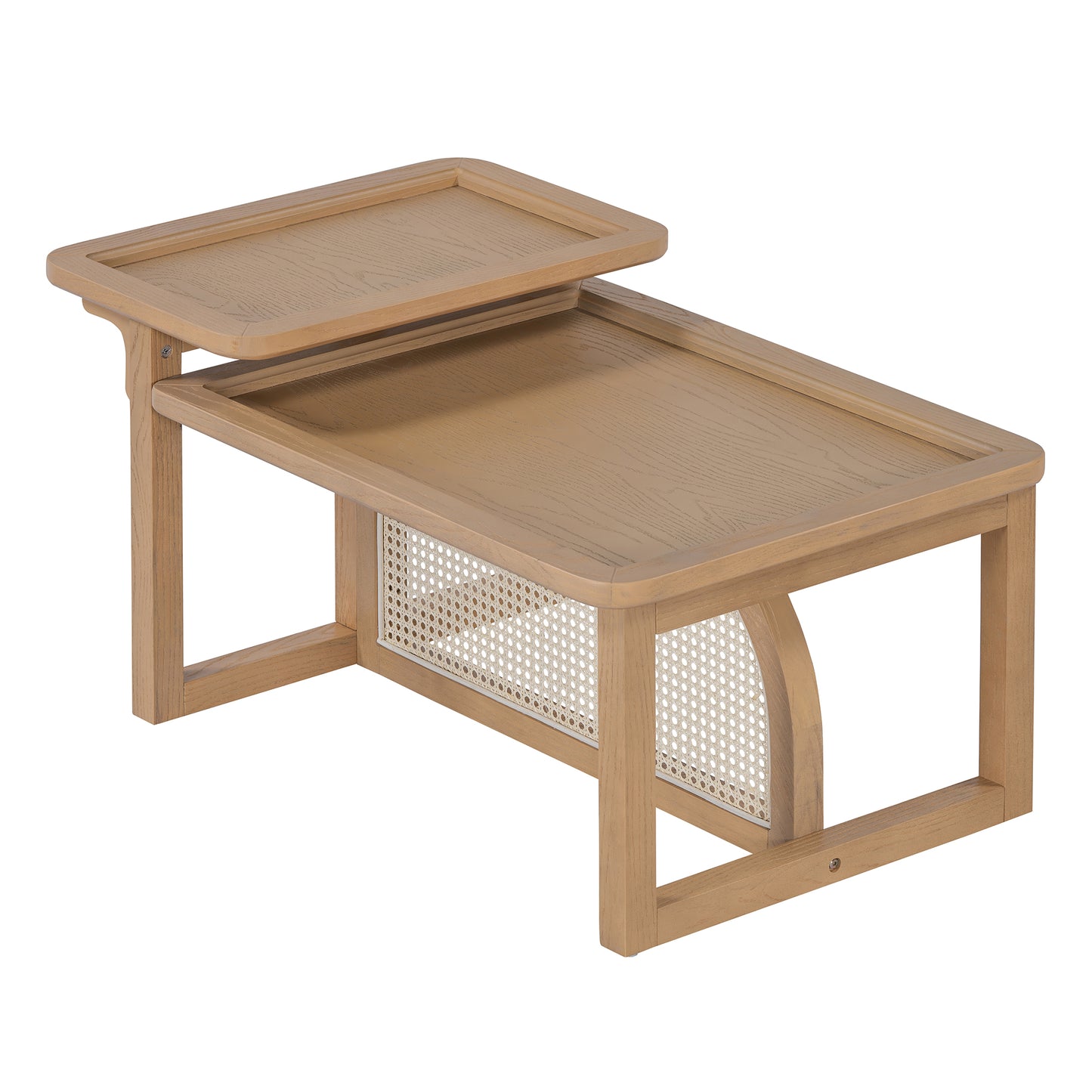 Modern 2 - Piece Nesting Coffee Table Set: Rattan Wood and MDF