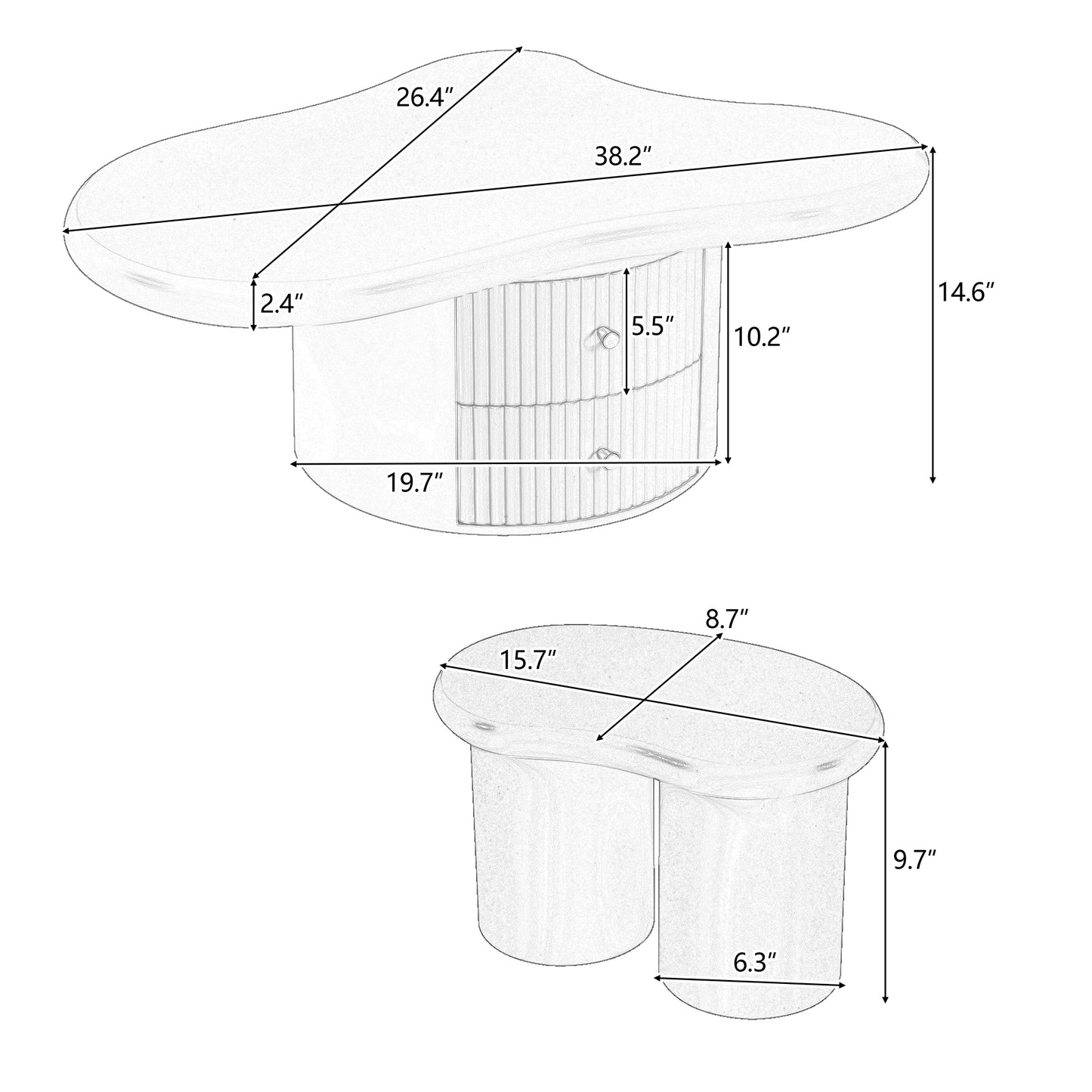 Cloud Coffee Table Set of 3: Irregular Shape, 2 Drawers & 2 Stools for Living Room