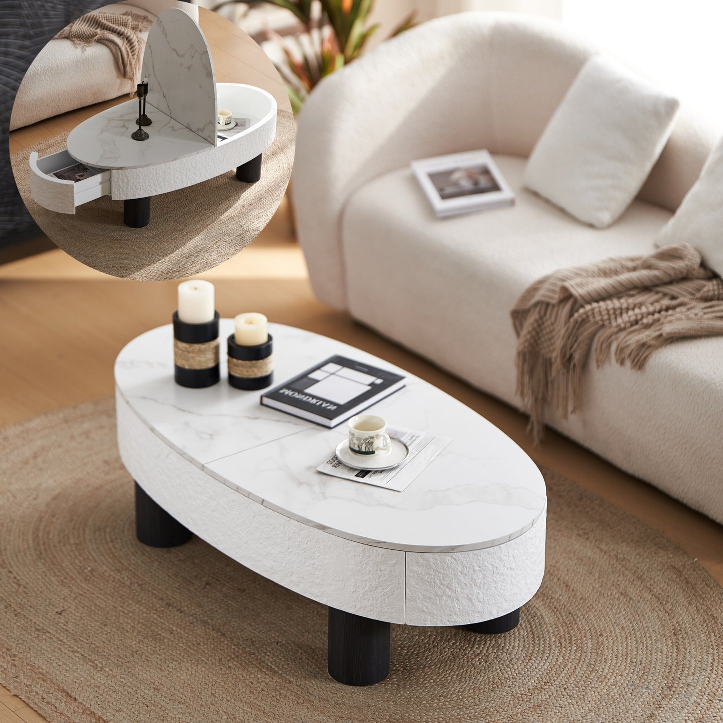 Oval Coffee Table with Faux Marble Tabletop & Hidden Drawer – Mid-Century Modern Storage Coffee Table for Living Room (White+Black)