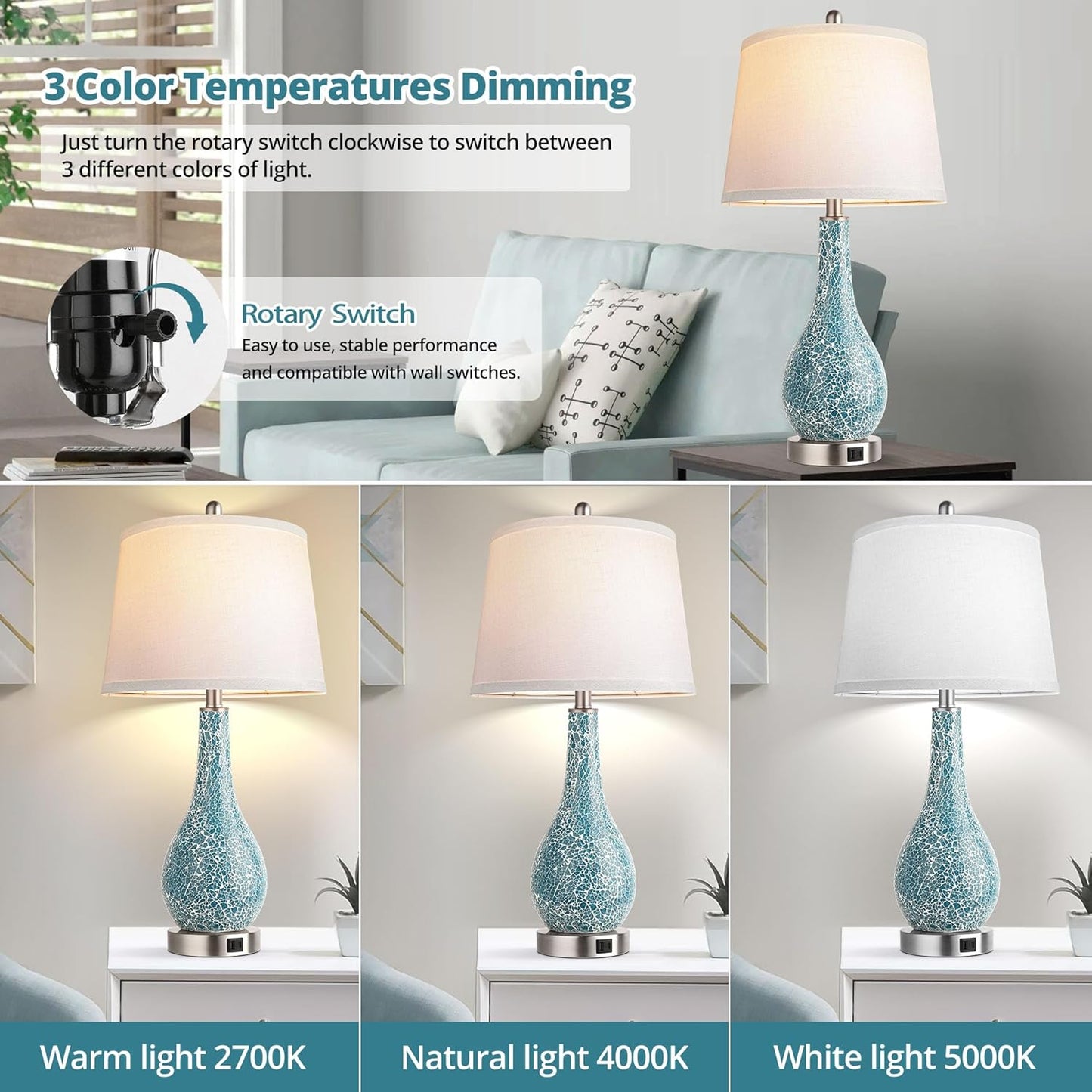 26" Coastal Blue Table Lamps - Set of 2 for Bedroom & Living Room Decor