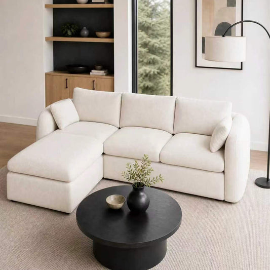 Fully Sponge Compressed Sectional Sofa – High Resilience Foam, White Chenille, Modular Loveseat/ L-Shaped Sofa