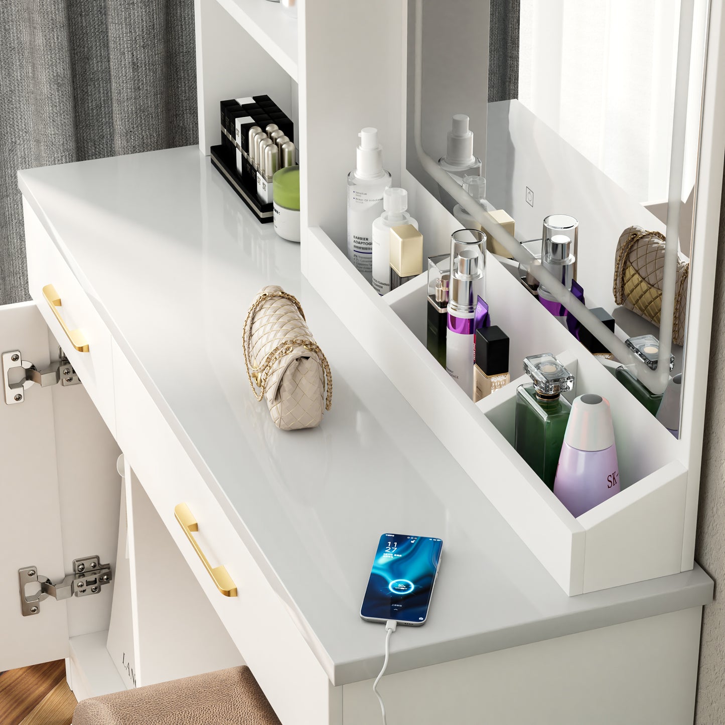 32'' Wide Makeup Vanity Desk: Lighted Mirror, Power Outlet, Ample Storage & Cushioned Stool for Bedroom & Studio