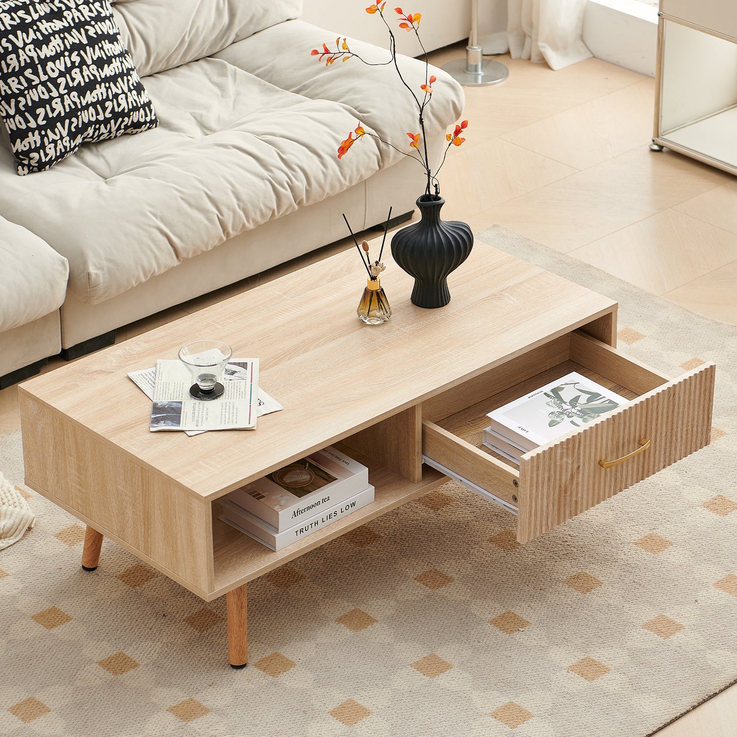 Coffee Table with Sliding Drawer: Rectangle Design, Solid Wood Legs-6 Colors