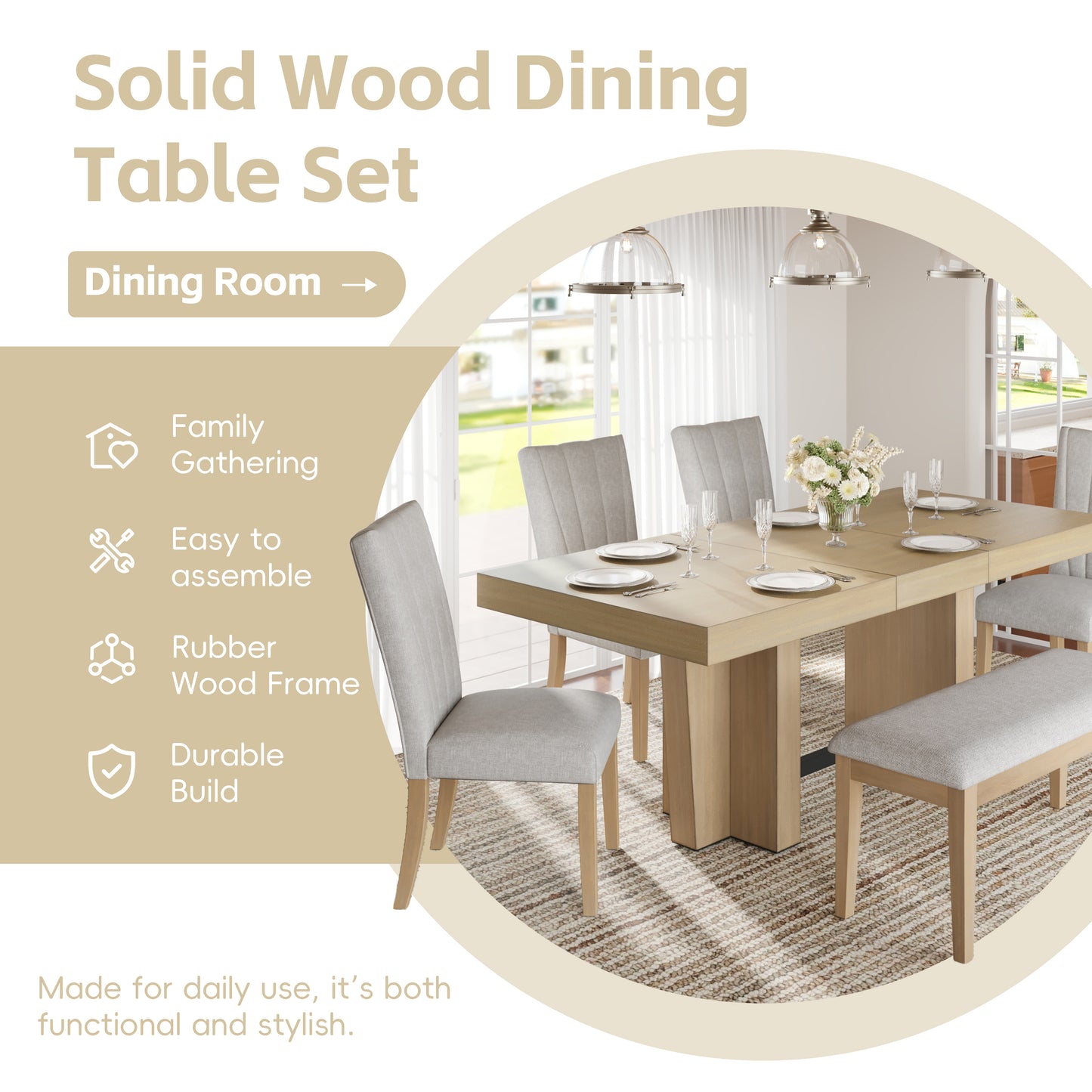 Extendable Wood Dining Table Set for 6, Kitchen Table Set with Bench and 4 Upholstered Chairs