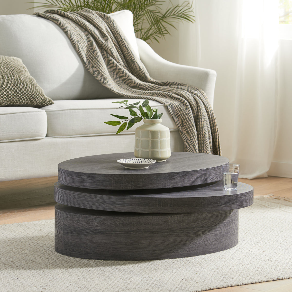 Modernesque Rotating Coffee Table – Oval Mod Coffee Table with 3 Surfaces, Matte Black