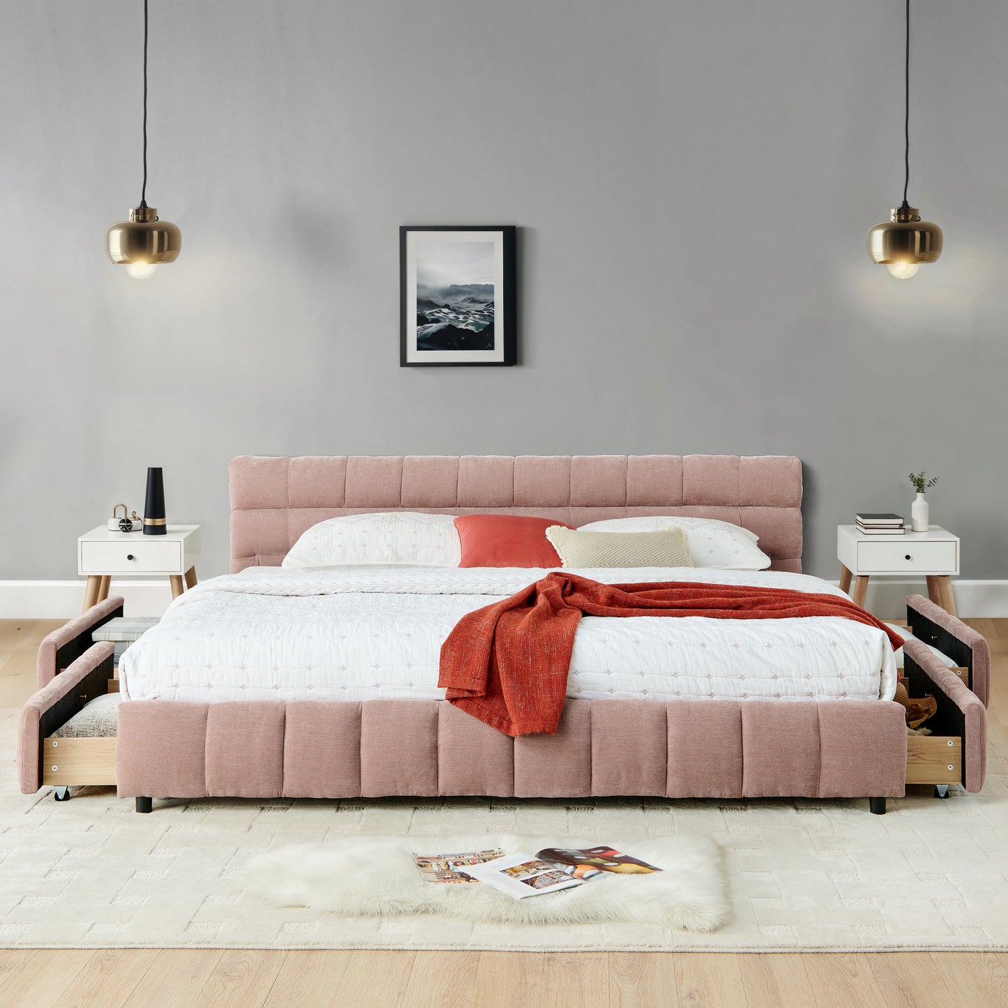 California King size Upholstered Bed Frame, Chenille fabric with headboard and solid bed frame. With drawer for storage