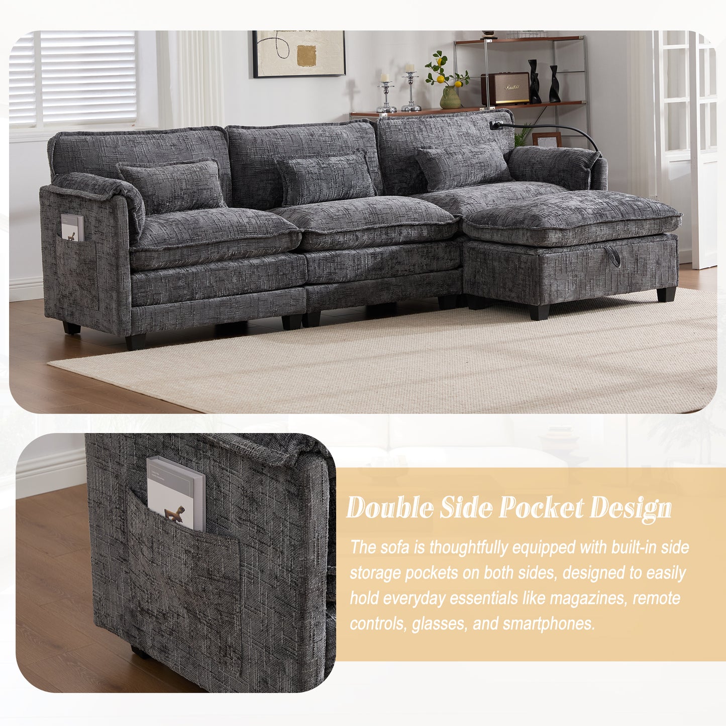 Modern Chenille L Shaped Couch, Comfy Boucle Modular Sofa Sleeper with Movable Storage Ottoman, Phone Holder, USB Charging Port