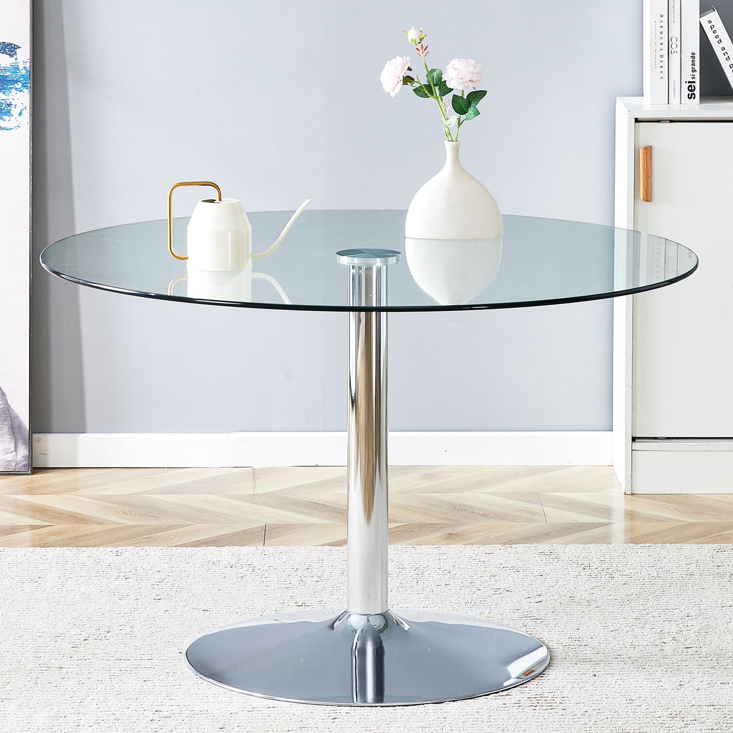 Modern Minimalist Round Dining Table - Gold Metal Legs, Diameter Glass Top for Multiple Rooms