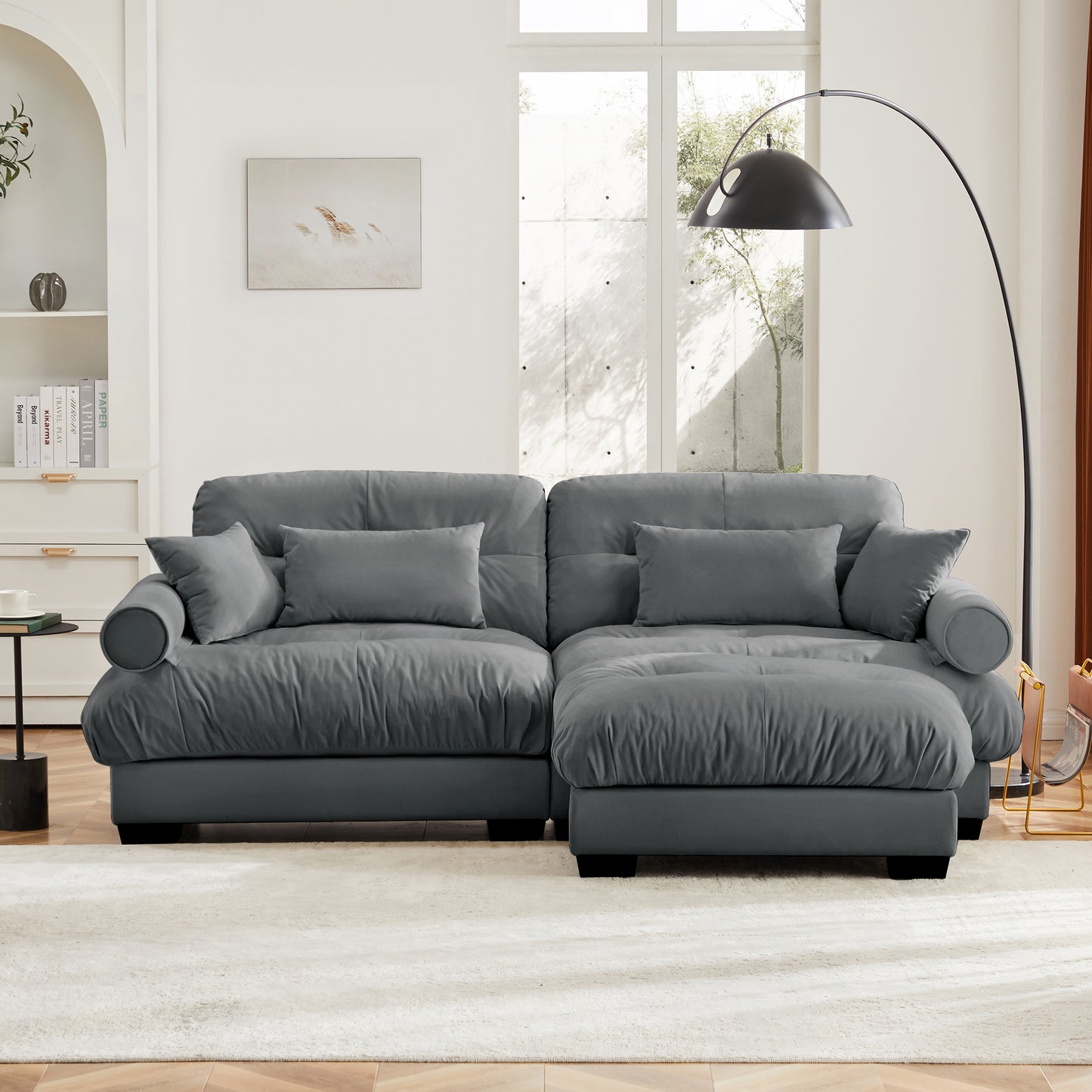 Deep Seat Cloud Couch Modular Velvet Sectional Sofa Couch with Movable Ottoman,Corner Sectional with Bolstered Armrests