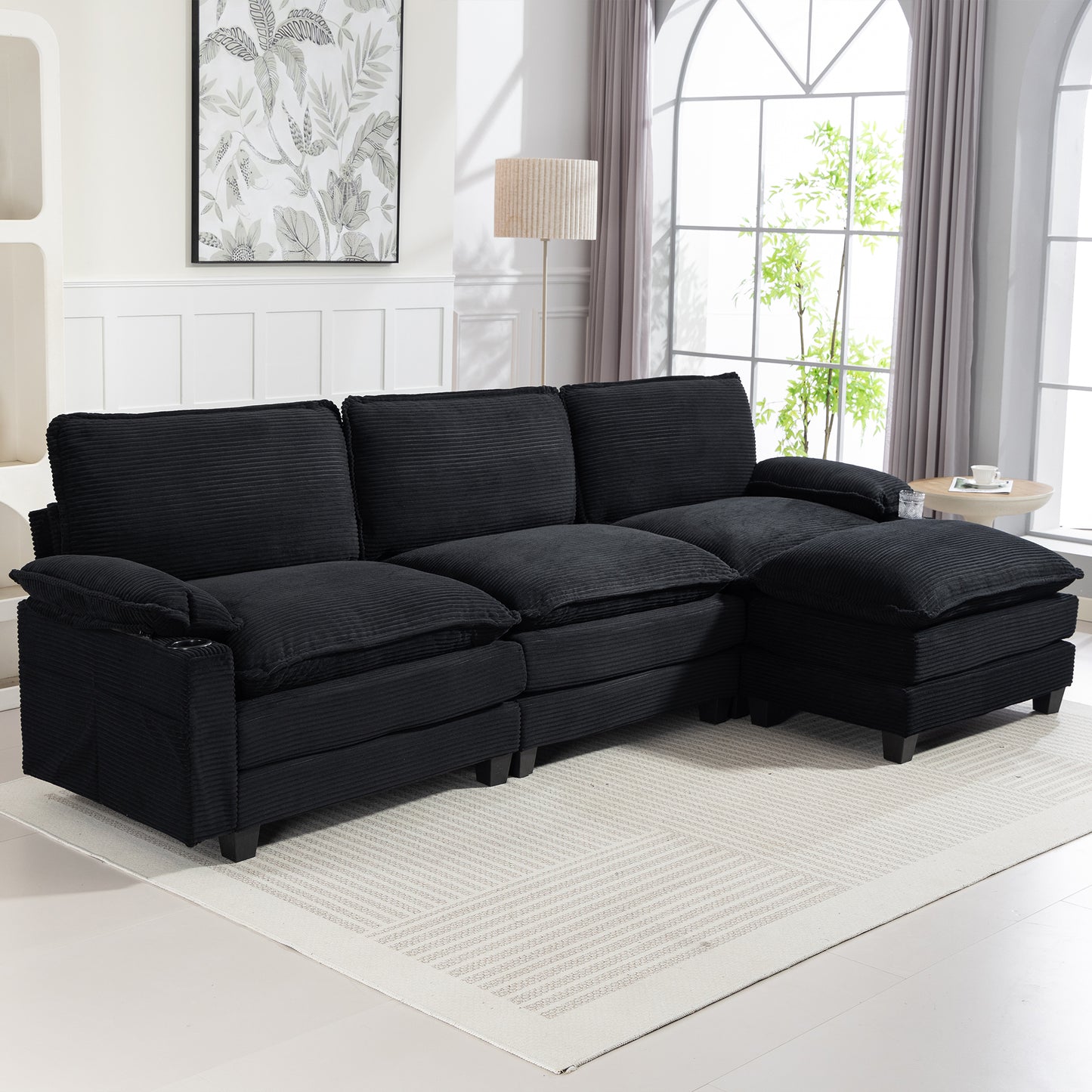 Modern 3+1 L-Shaped Corduroy Fabric Sofa – Modular Sectional Cloud Couch w/Ottoman, 35D Sponge, Cup Holders &amp; Storage