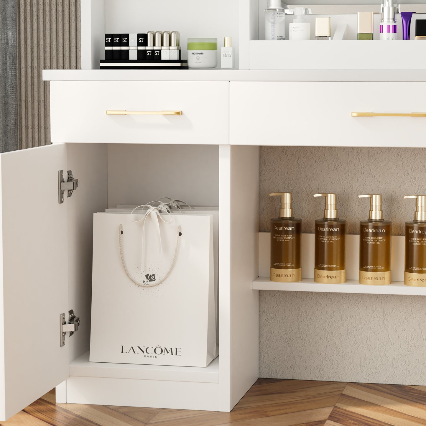 32'' Wide Makeup Vanity Desk: Lighted Mirror, Power Outlet, Ample Storage & Cushioned Stool for Bedroom & Studio