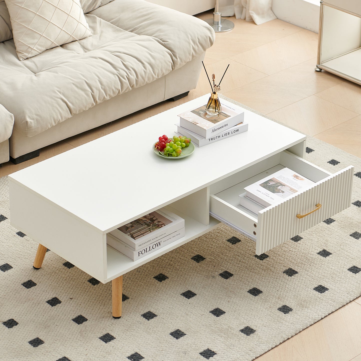 Coffee Table with Sliding Drawer: Rectangle Design, Solid Wood Legs-6 Colors