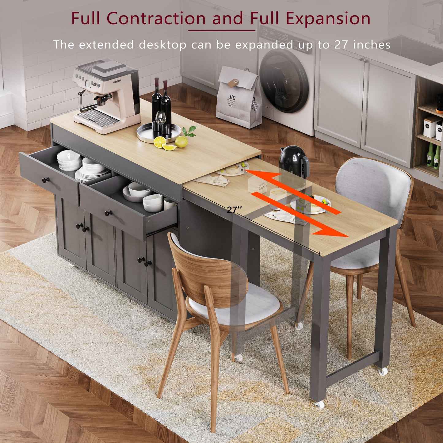 74.5" Kitchen Island - Extendable Table, Rolling Cart