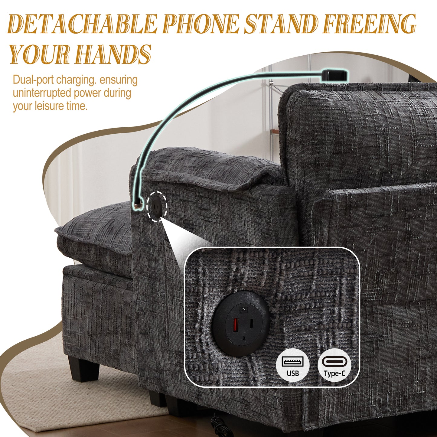 Modern Chenille L Shaped Couch, Comfy Boucle Modular Sofa Sleeper with Movable Storage Ottoman, Phone Holder, USB Charging Port