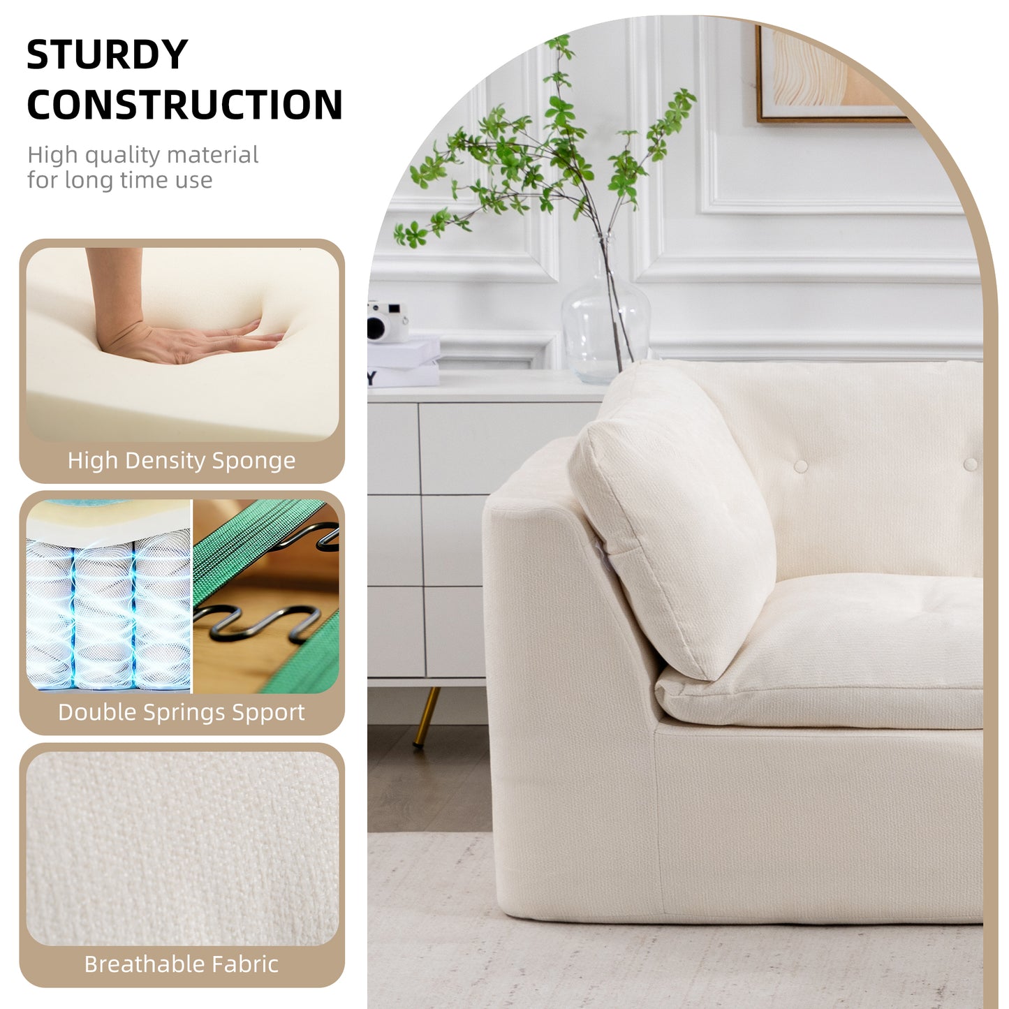 Modern Cloud-Style Living Room Sofa – Deep Seat Convertible L-Shaped Frame-Free Sofa with Ottoman, Oversized 4-Seater Chenille Fabric Compressed Sofa, Modular Sectional Sofa