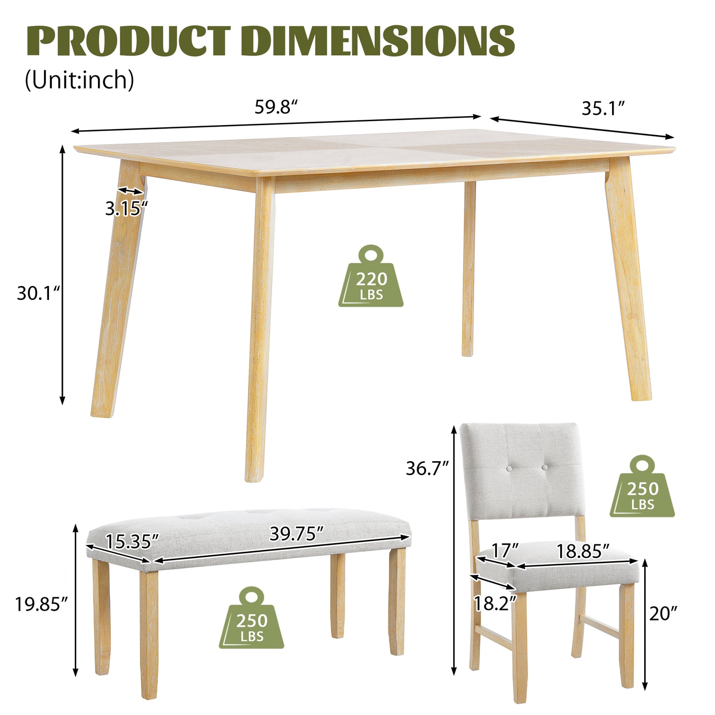 Dining Room Table Set, Rustic Farmhouse Dining Room Rectangular Table with 4 Upholstered Chairs and Bench, Solid Wood Kitchen Dining Table Set for 6 Persons