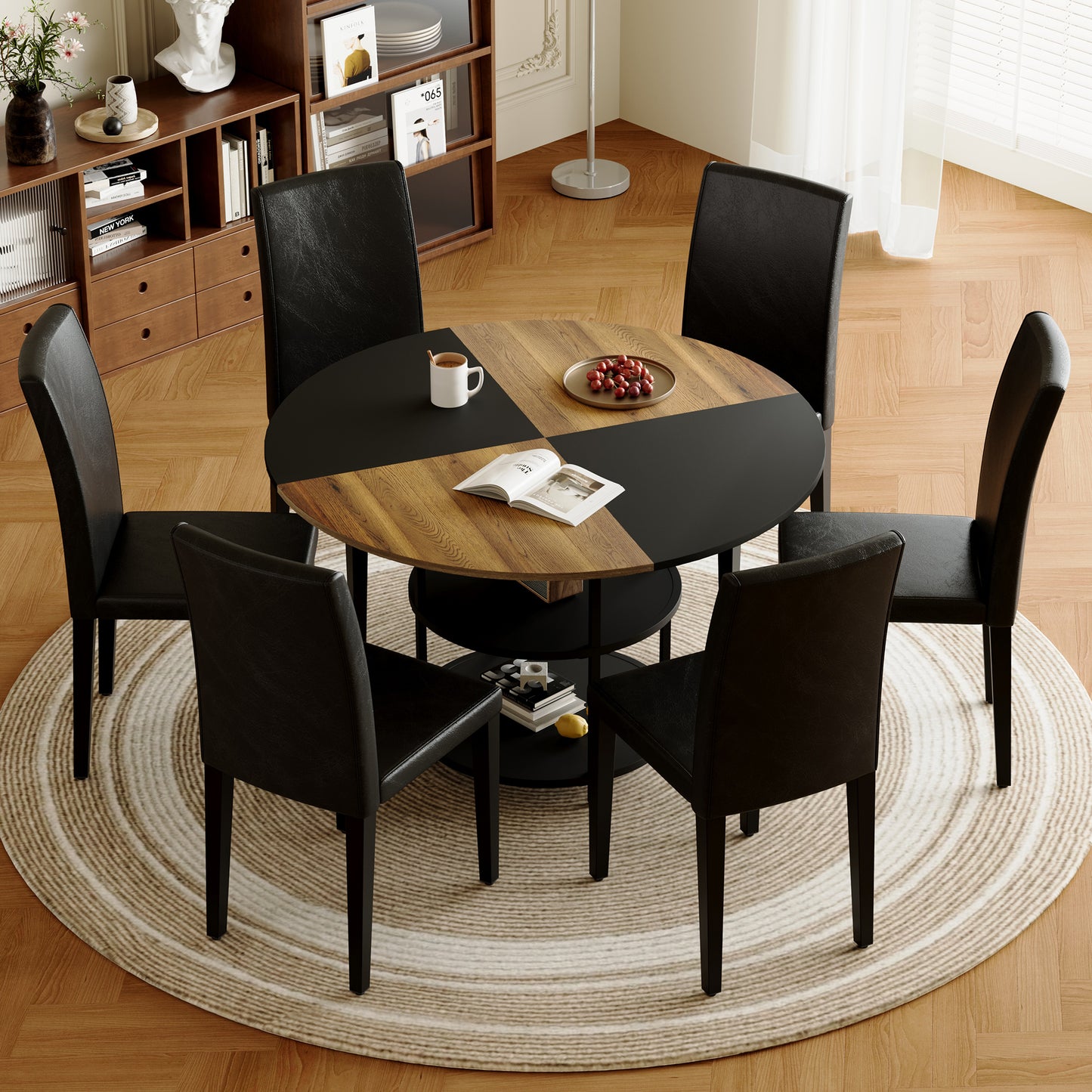 47.3 - Inch Spliced - Color Circular Dining Table Set: 4-6 Black PU Chairs, Double - Layer Storage