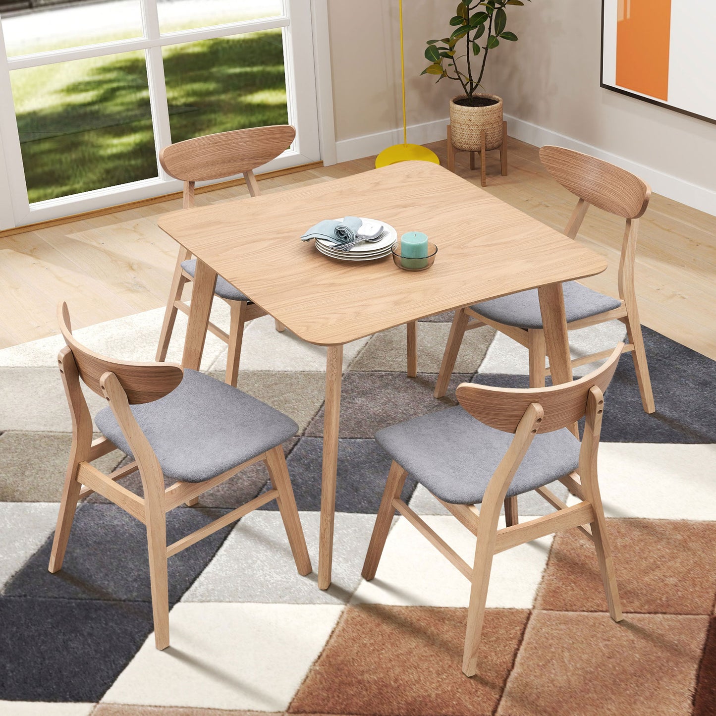 Wooden Kitchen Dining Set - Square, Upholstered Chair 3 Color-1 Table with 4 Chairs