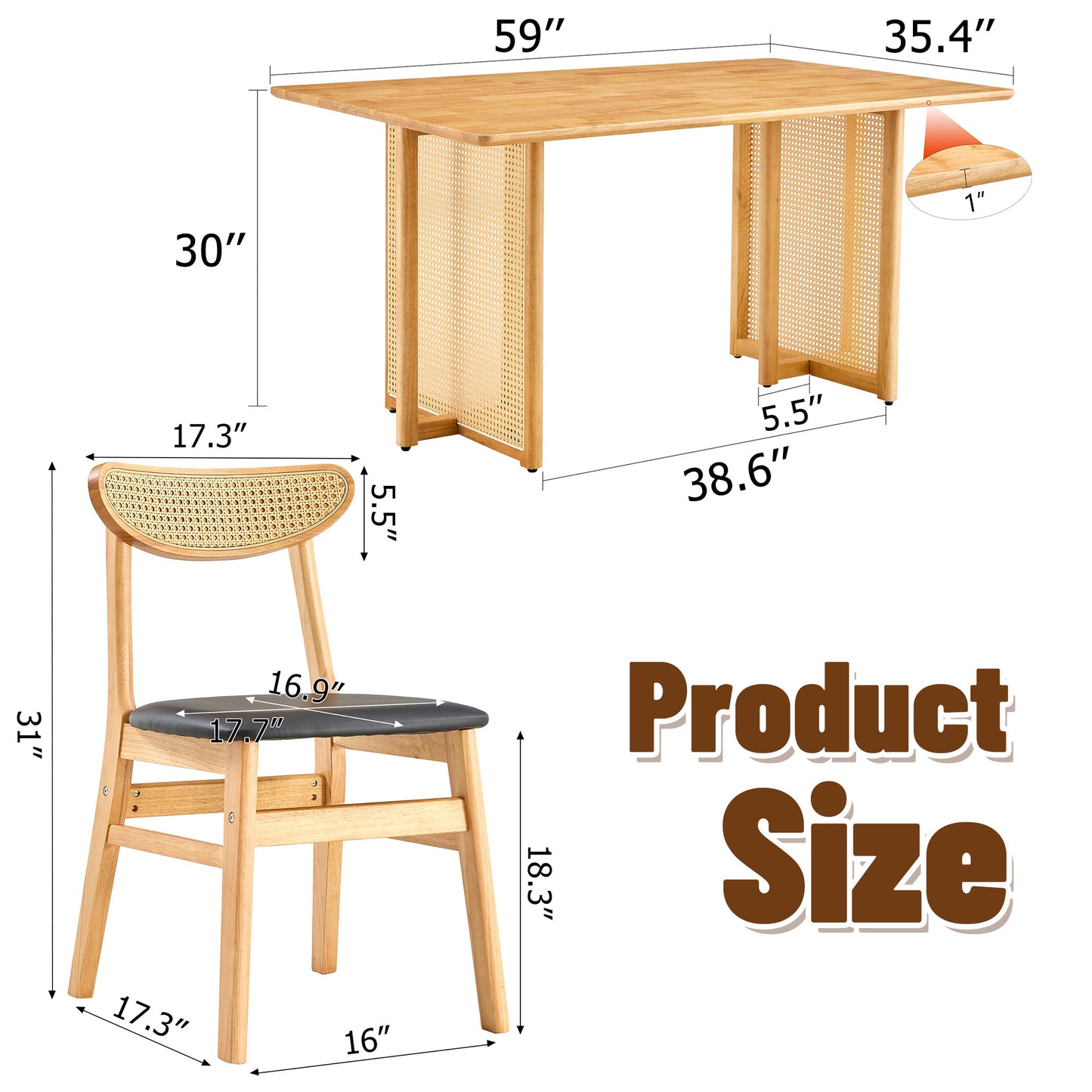 Ancient Style Solid Wood Dining Table Set: Imitation Rattan Legs, 4 - 6 Rubberwood Chairs