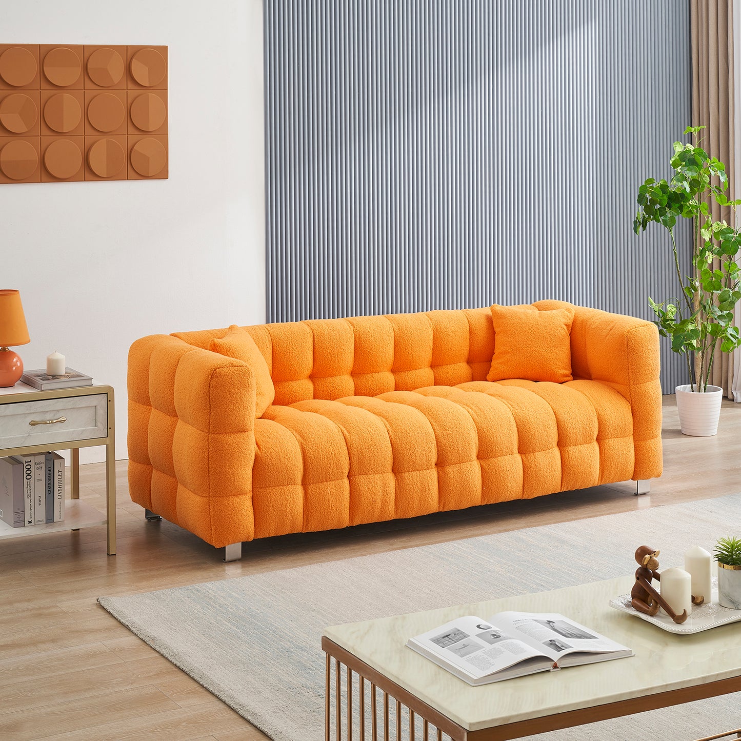 Teddy Fleece Sofa for Living Room or Bedroom, Including Two Throw Pillows & Sturdy Hardware Foot Support