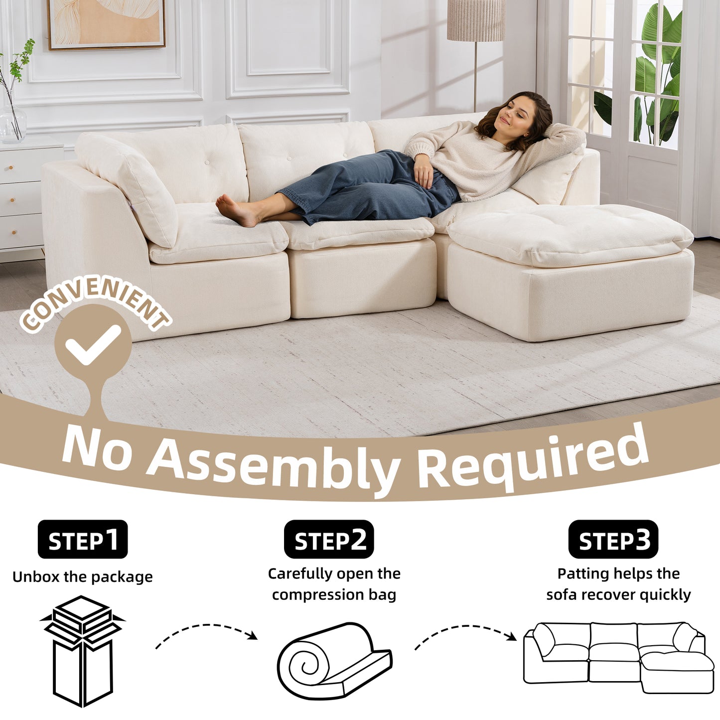 Modern Cloud-Style Living Room Sofa – Deep Seat Convertible L-Shaped Frame-Free Sofa with Ottoman, Oversized 4-Seater Chenille Fabric Compressed Sofa, Modular Sectional Sofa
