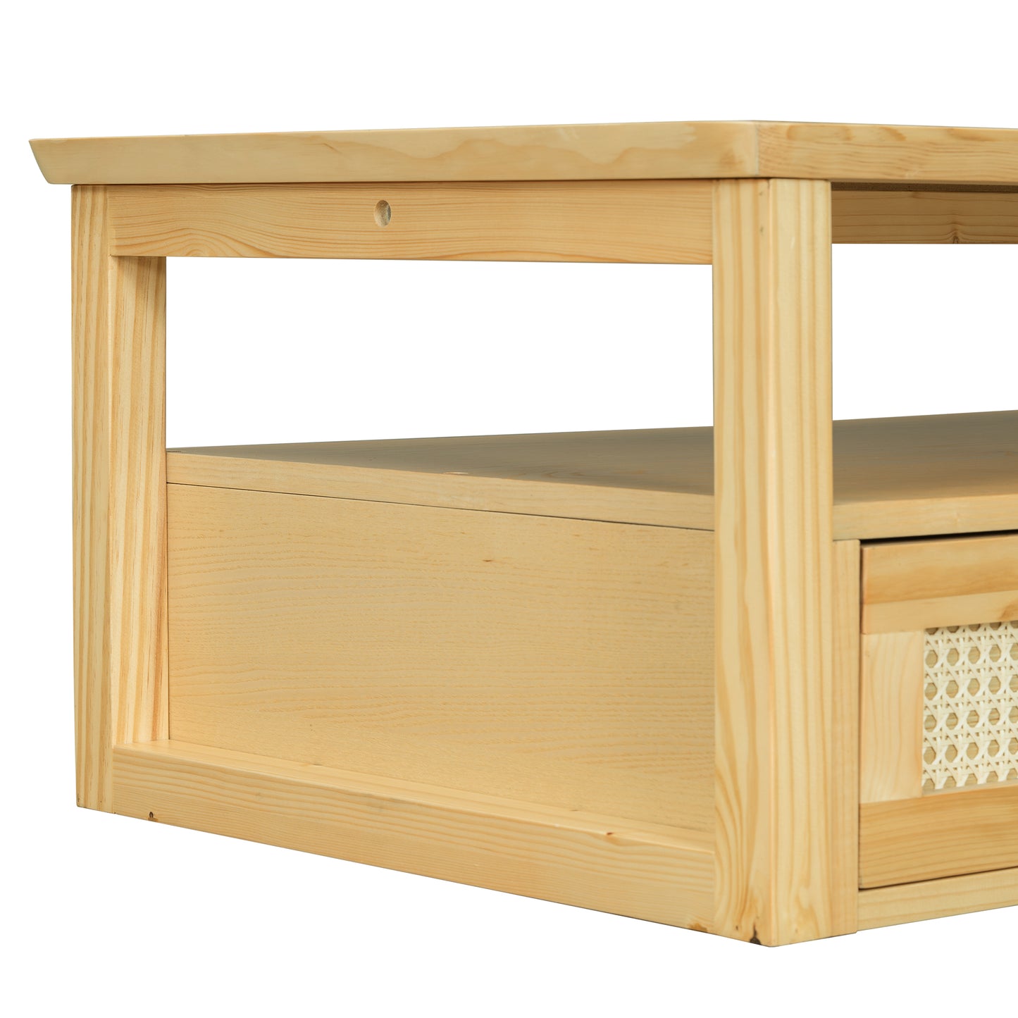 Modern Living Room Coffee Table: 1 Storage Shelf, 2 Tabletops & Rattan Drawer