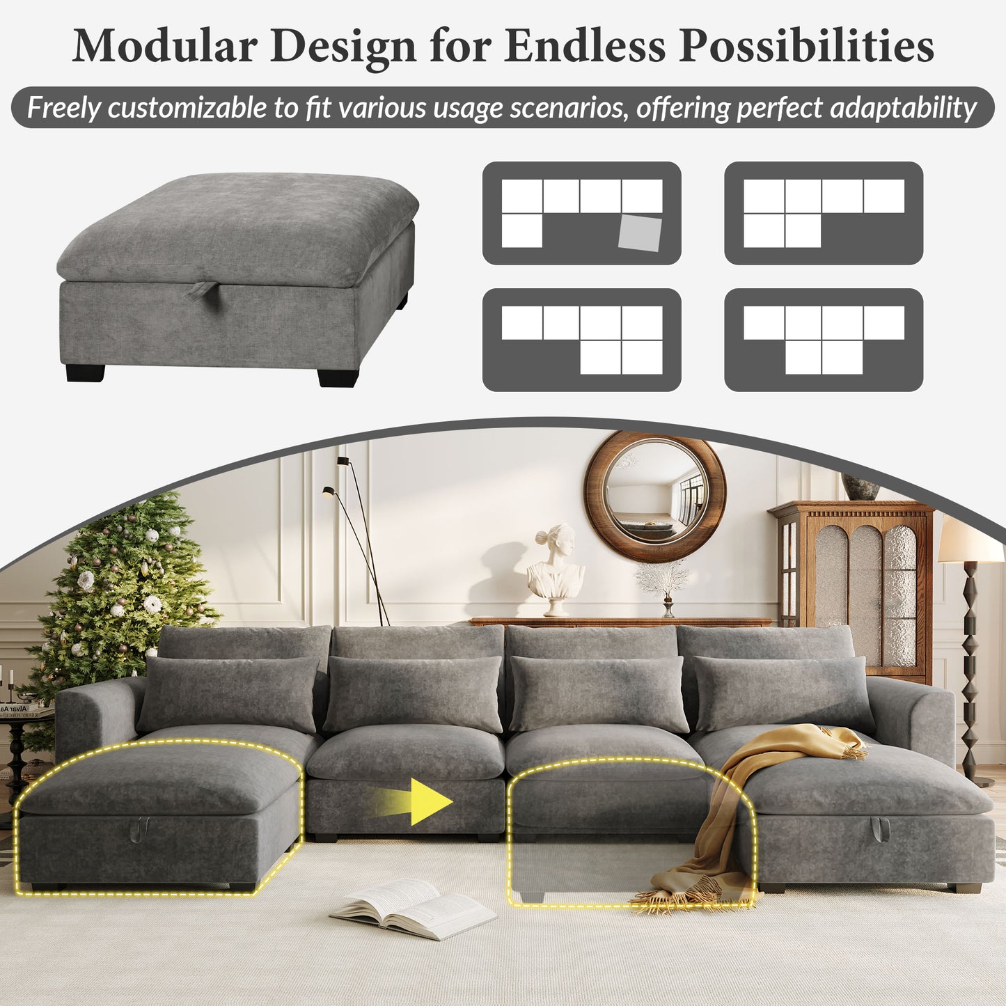132"U - shaped Freely Transformable Modular Corner Sofa with 2 Ottomans: Ideal for Living Rooms