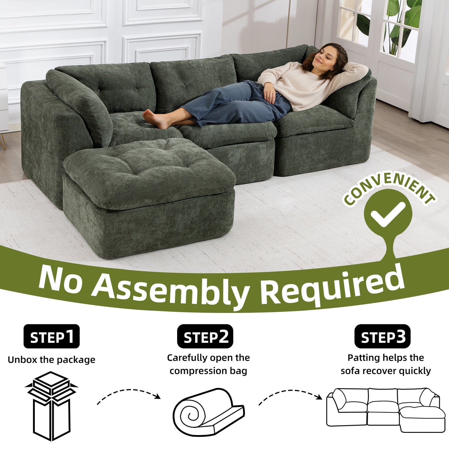 Modern Cloud-Style Living Room Sofa – Deep Seat Convertible L-Shaped Frame-Free Sofa with Ottoman, Oversized 4-Seater Chenille Fabric Compressed Sofa, Modular Sectional Sofa