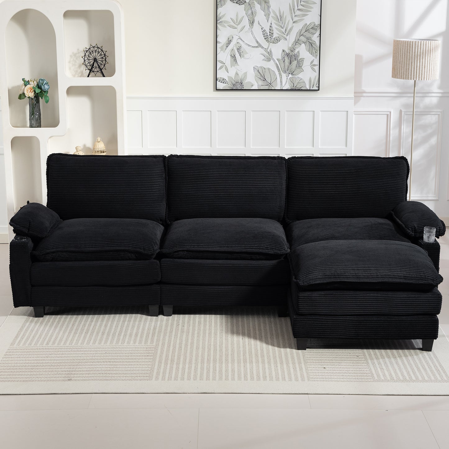 Modern 3+1 L-Shaped Corduroy Fabric Sofa – Modular Sectional Cloud Couch w/Ottoman, 35D Sponge, Cup Holders &amp; Storage