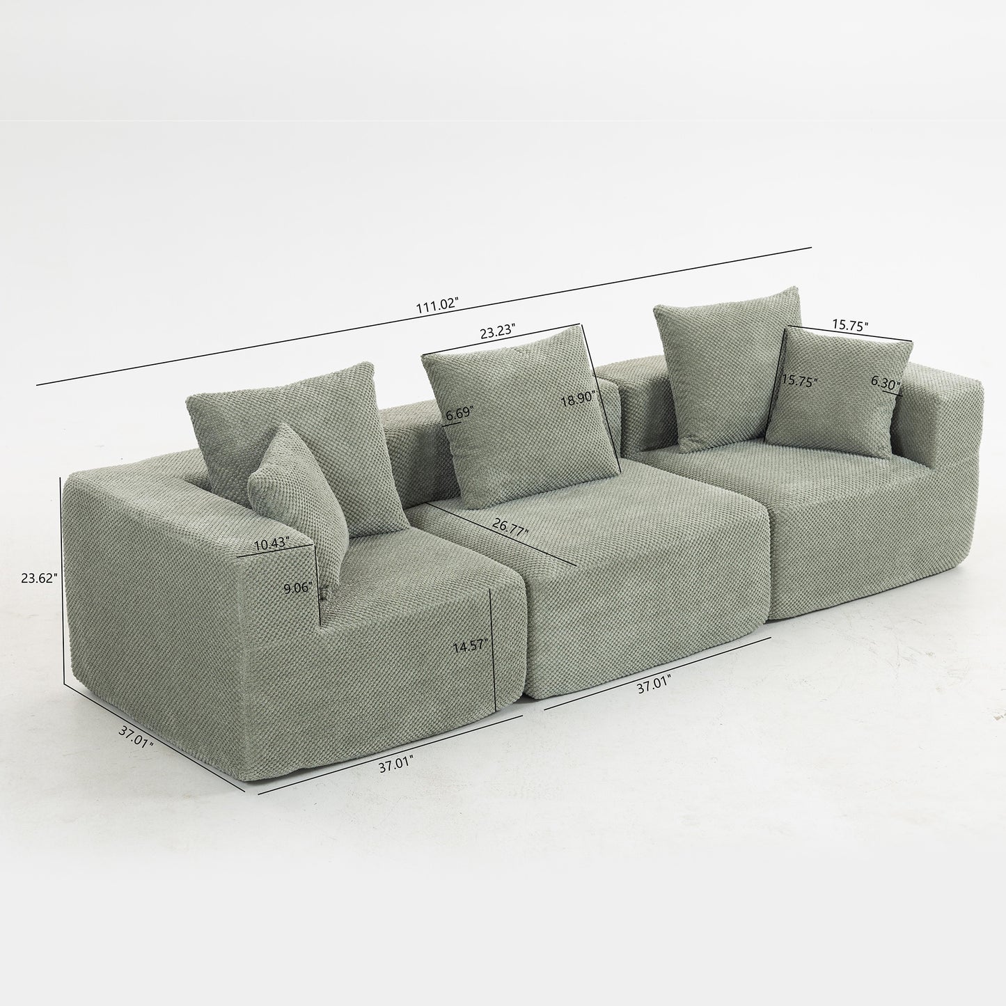 Modular 3-4 Seat Sectional Sofa – All-Foam Deep-Seat Couch with Plush Textured Chenille (Light Green)