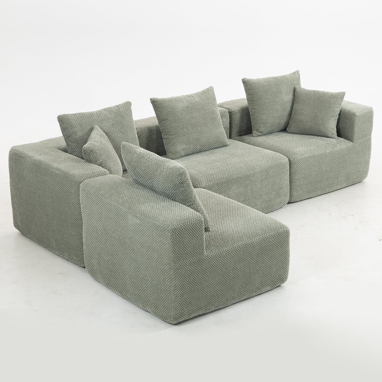 Modular 3-4 Seat Sectional Sofa – All-Foam Deep-Seat Couch with Plush Textured Chenille (Light Green)