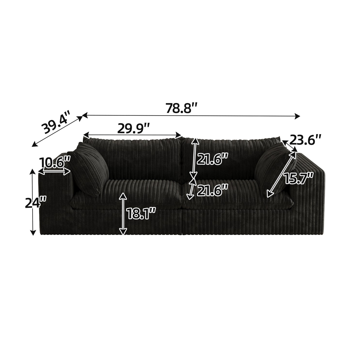 78" Corduroy Fabric Loveseat Sofa – Feather-Filled Cushion, Modular Design, Pure Sponge Support (Black)