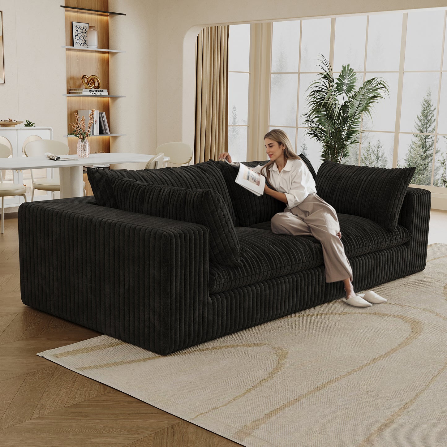 78" Corduroy Fabric Loveseat Sofa – Feather-Filled Cushion, Modular Design, Pure Sponge Support (Black)