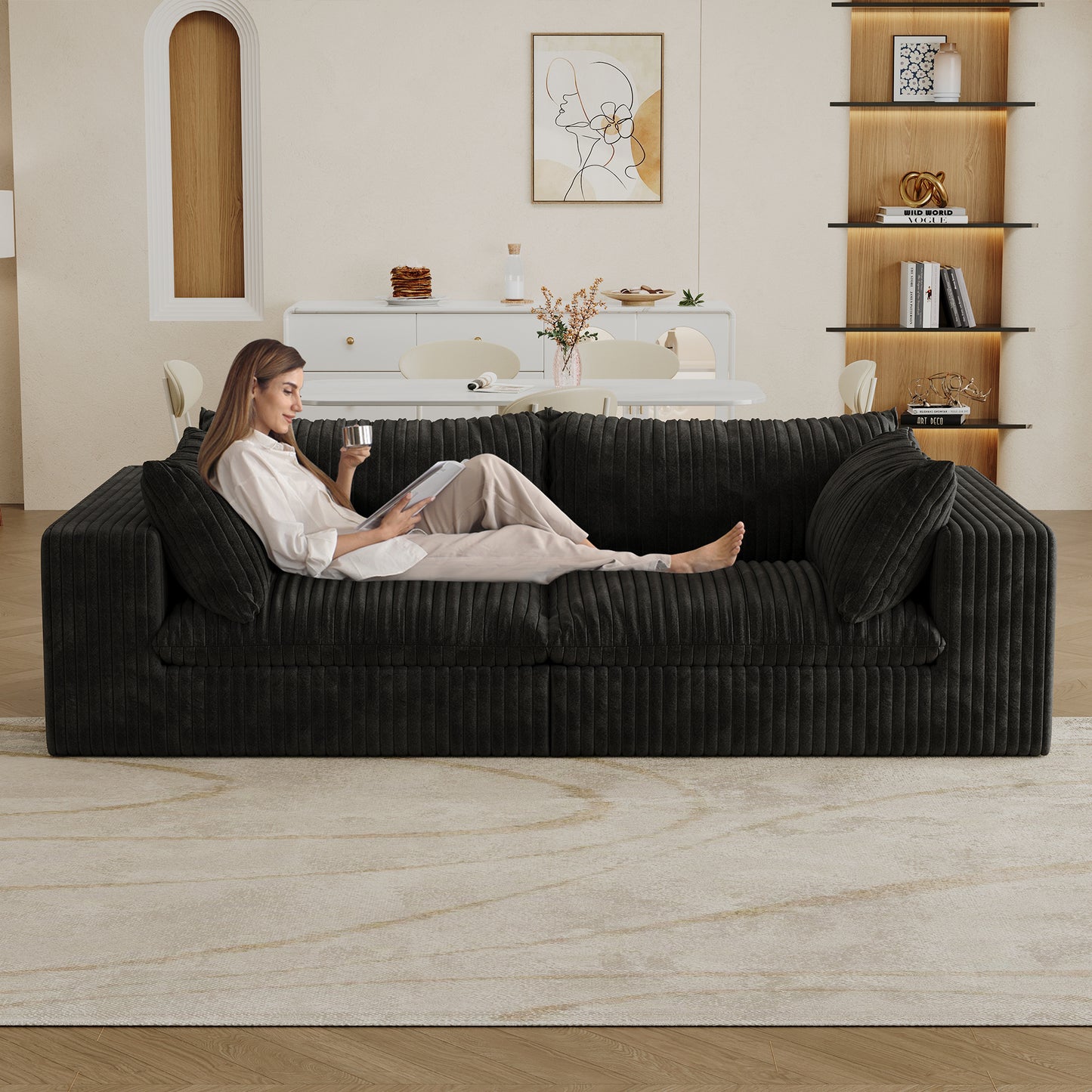 78" Corduroy Fabric Loveseat Sofa – Feather-Filled Cushion, Modular Design, Pure Sponge Support (Black)