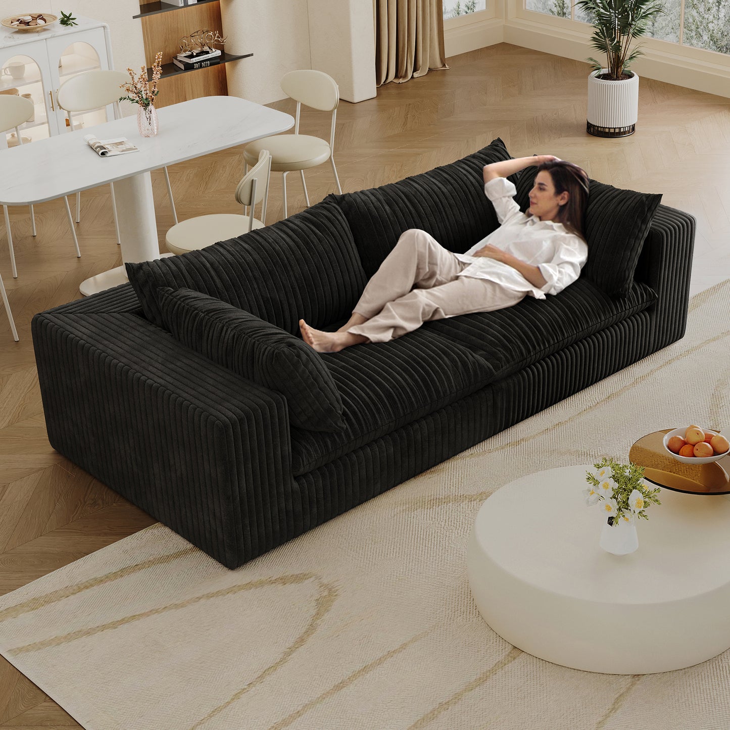 78" Corduroy Fabric Loveseat Sofa – Feather-Filled Cushion, Modular Design, Pure Sponge Support (Black)