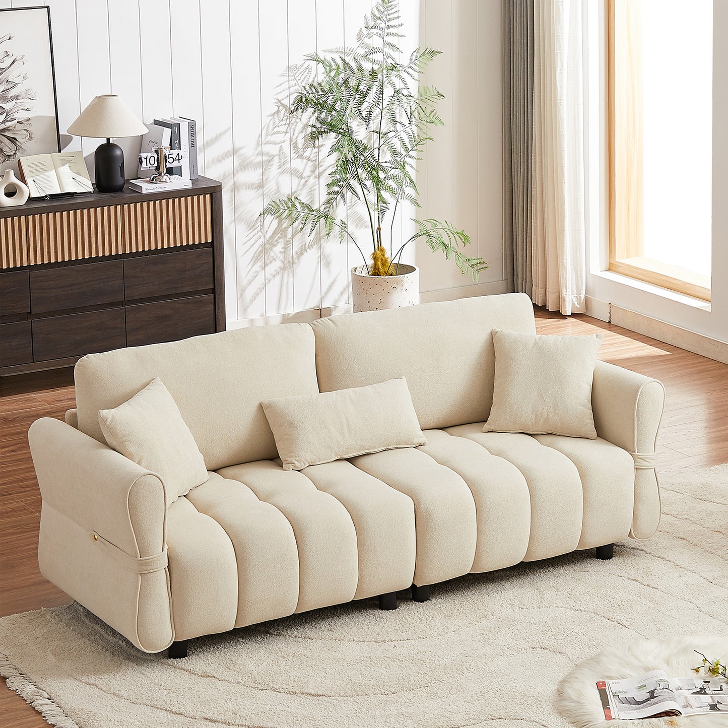 Chenille fabric upholstered 3-seater sofa with 2 cushions and 1 lumbar pillow Armrest