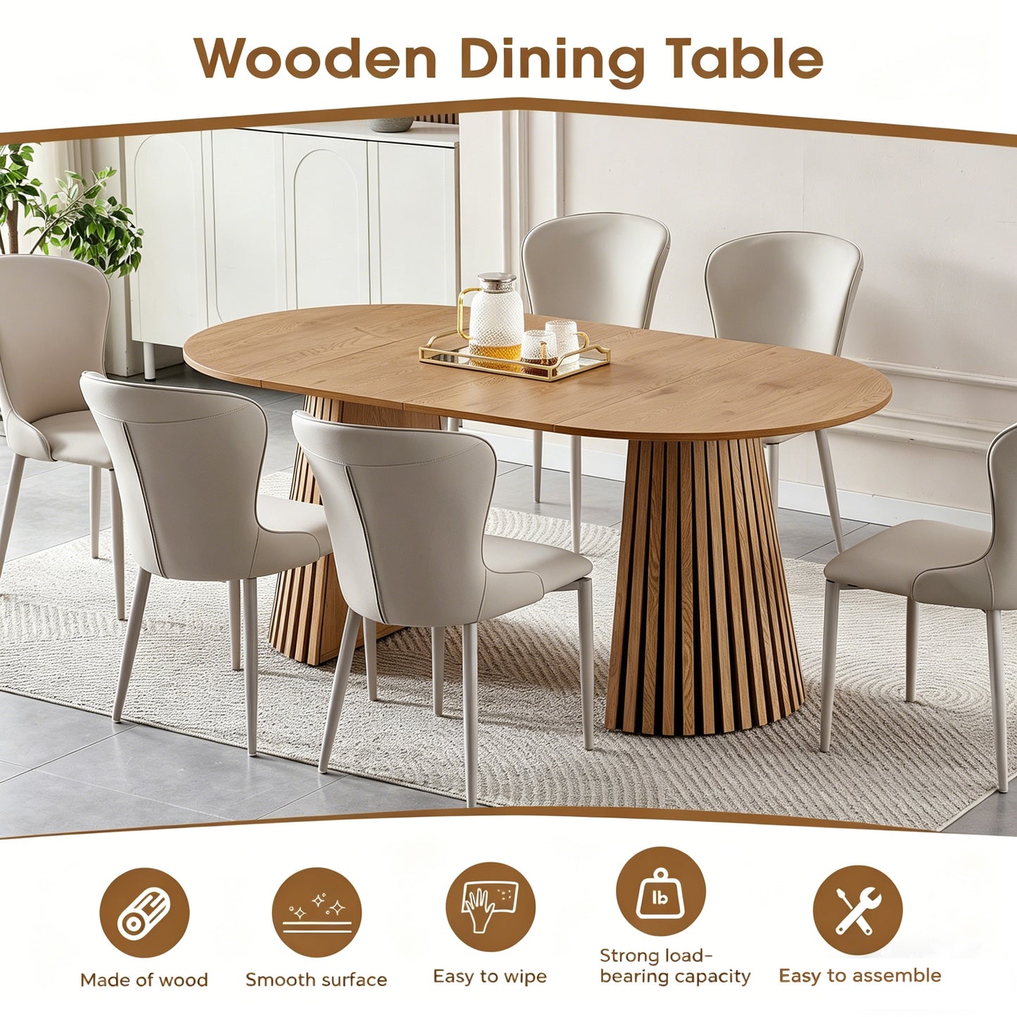 Wooden Dining Table | Flexible And Extendable with Slatted Table Legs – Oval Expandable Table for 4- 6, MDF+Wood