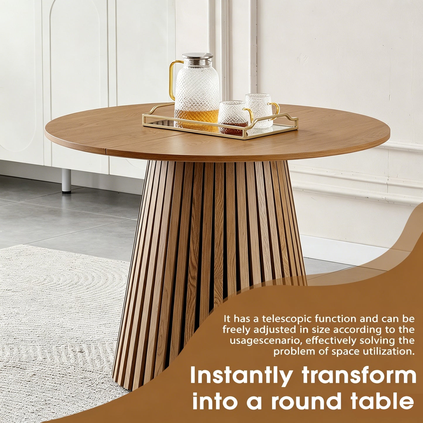 Wooden Dining Table | Flexible And Extendable with Slatted Table Legs – Oval Expandable Table for 4- 6, MDF+Wood