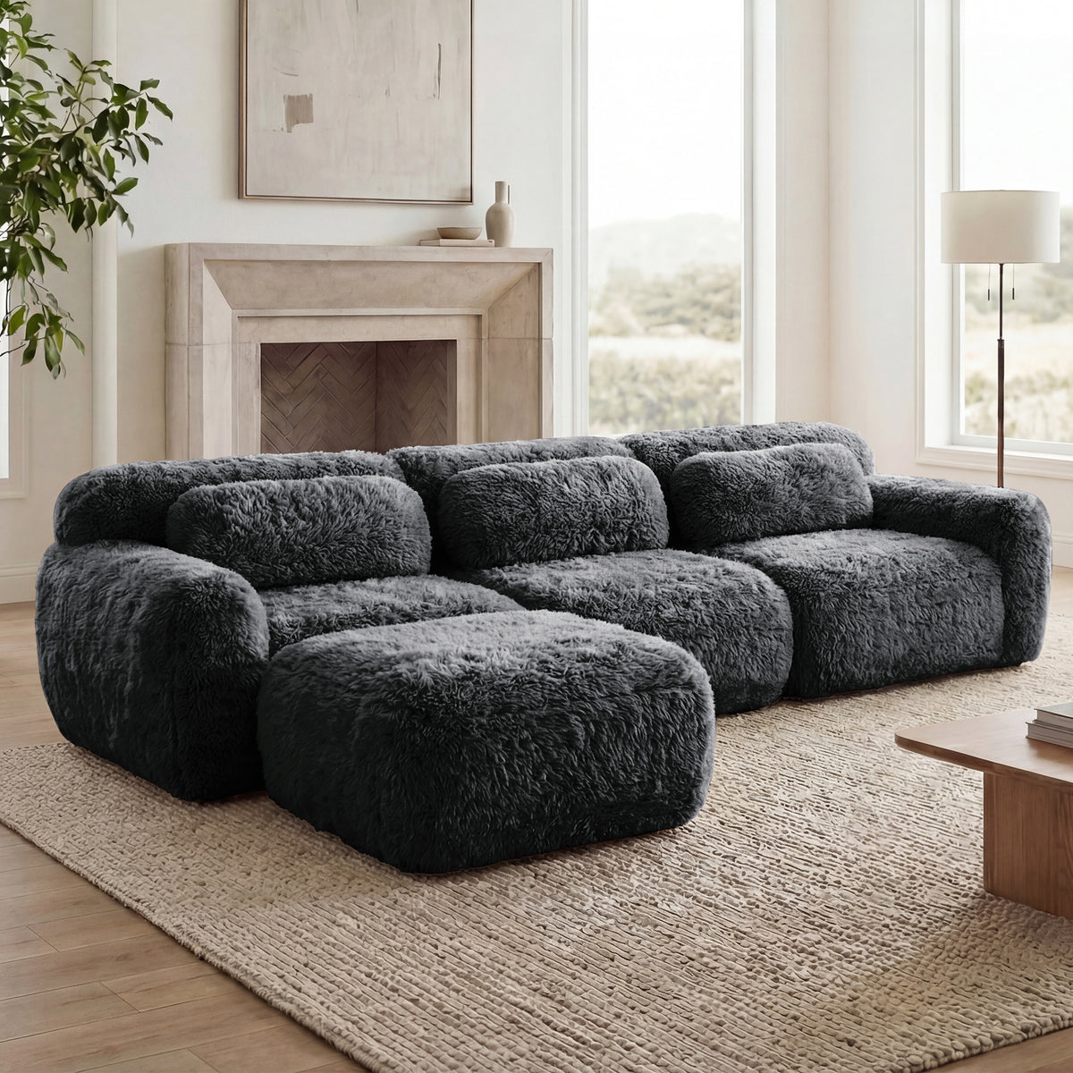 2-4 Seat Soft  Fluffy Plush Boneless Sofa – Modular Sectional with Throw Pillows, 32D High-Density Sponge, No Assembly, Anti-Slip Buckle Connection