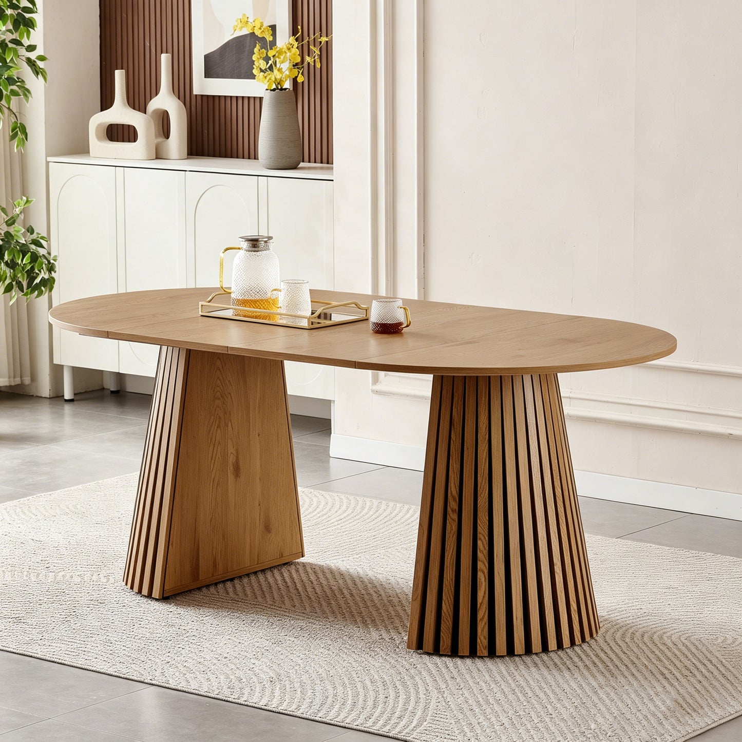 Wooden Dining Table | Flexible And Extendable with Slatted Table Legs – Oval Expandable Table for 4- 6, MDF+Wood