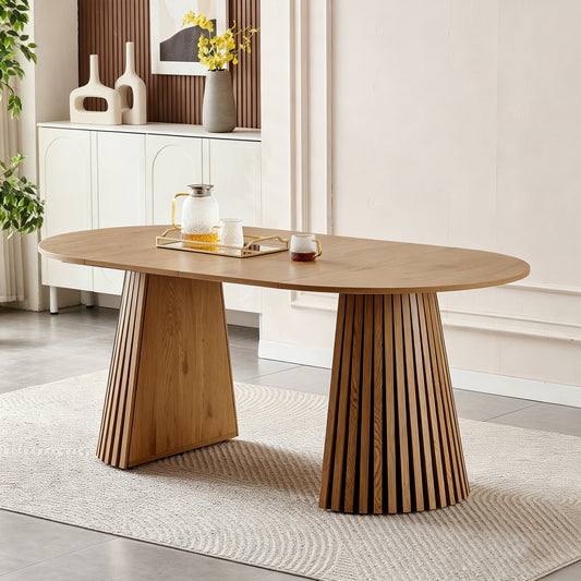 Wooden Dining Table | Flexible And Extendable with Slatted Table Legs – Oval Expandable Table for 4- 6, MDF+Wood