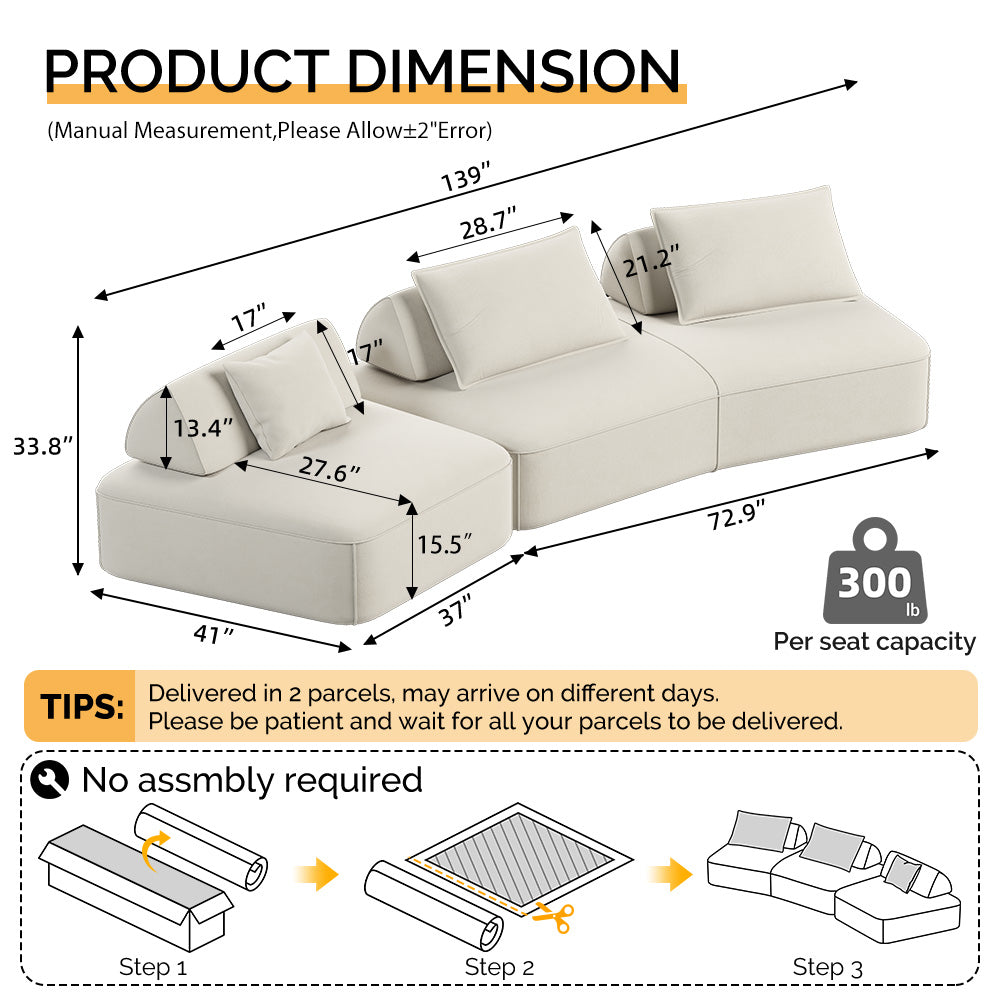 Modern Light Luxury Oversized Modular Sectional Sofa – DIY Chenille Couch with Removable Backrests & Soft Pillows (Beige/Dark Grey)