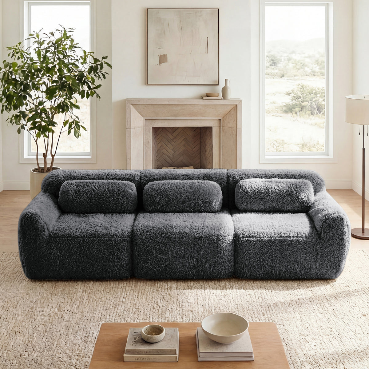 2-4 Seat Soft  Fluffy Plush Boneless Sofa – Modular Sectional with Throw Pillows, 32D High-Density Sponge, No Assembly, Anti-Slip Buckle Connection
