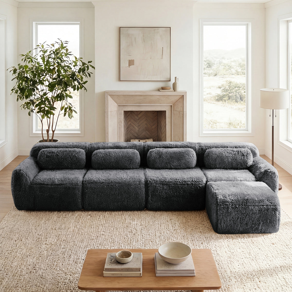 2-4 Seat Soft  Fluffy Plush Boneless Sofa – Modular Sectional with Throw Pillows, 32D High-Density Sponge, No Assembly, Anti-Slip Buckle Connection