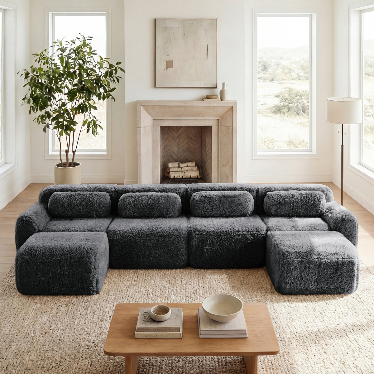 2-4 Seat Soft  Fluffy Plush Boneless Sofa – Modular Sectional with Throw Pillows, 32D High-Density Sponge, No Assembly, Anti-Slip Buckle Connection