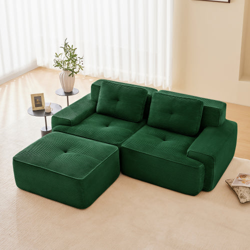 Modular Sectional Sofa for Living Room, Corduroy Fabric Deep Seat and Movable Ottoman, Pearl-like piping, Tufted Design, No Assembly